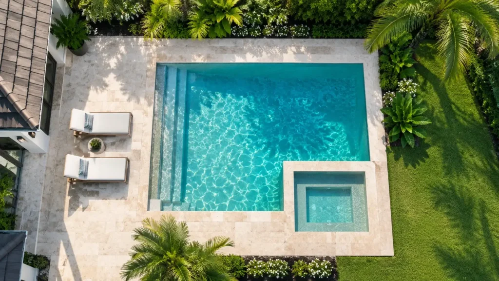 Aerial view of a clean residential swimming pool with stone decking and tropical garden