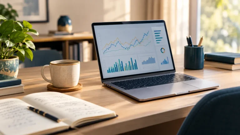 Google Ads specialist workspace with analytics dashboard on a laptop
