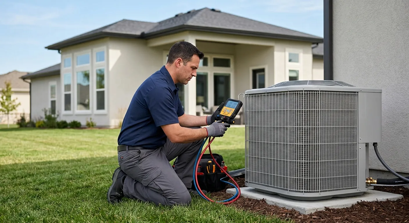 HVAC technician checking an outdoor air conditioning unit