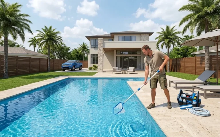 Pool cleaning technician skimming a residential swimming pool in a sunny backyard