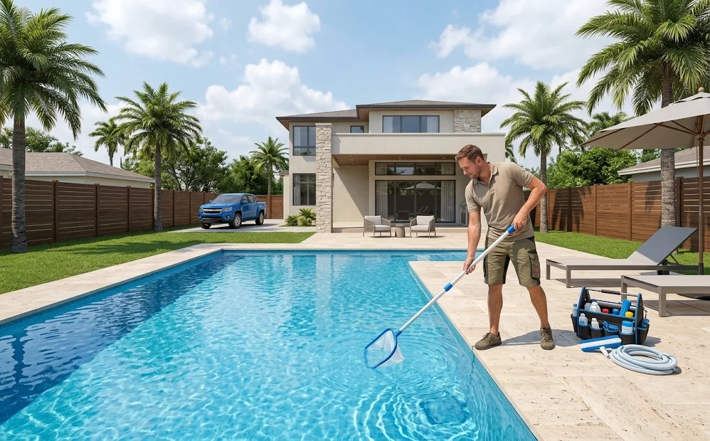 Pool cleaning technician skimming a residential swimming pool in a sunny backyard