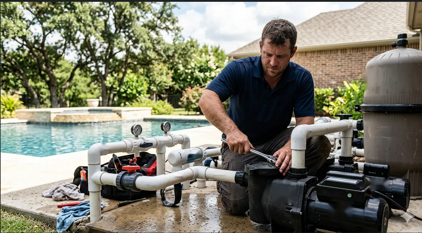 Pool service technician repairing pool pump equipment beside a residential swimming pool