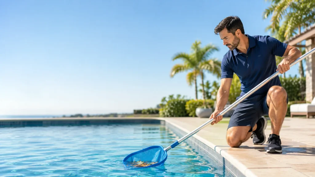 Pool technician skimming leaves at the edge of a backyard pool